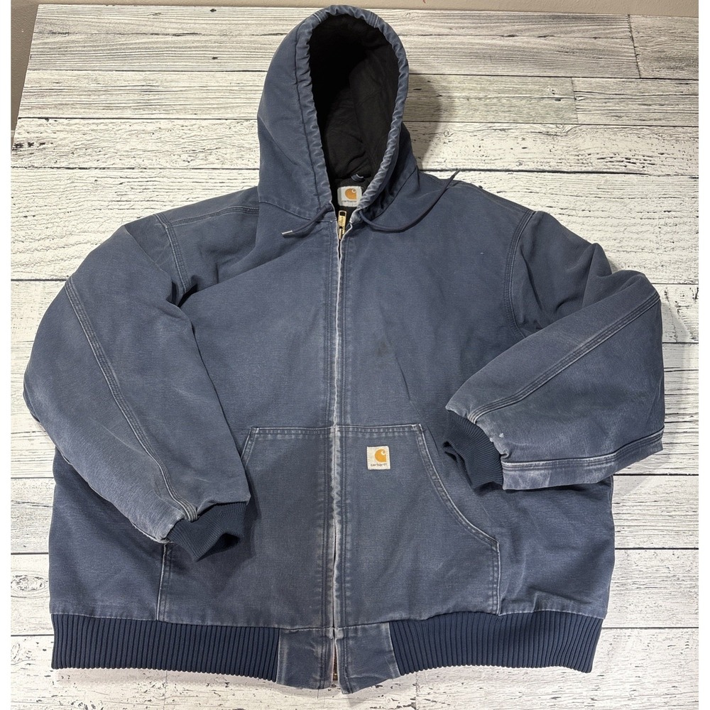 VTG CARHARTT‎ Hooded Canvas Jacket Mens 3XL? Quilt Lined FADED Distressed Blu